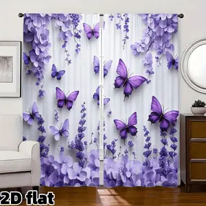 2D Flat 2Pcs Purple Butterfly Floral Curtain Panels, Romantic Lavender Pattern, Semi Sheer Rod Pocket Design, Elegant Garden Theme, Modern Home Decor for Living Room Bedroom Kitchen Dining Room Office, Home Decoration Curtain