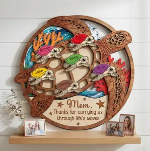 Custom Wooden Sea Turtle Family Plaque, Personalized Mom Gift, Coastal Wall Art, Turtle Grandma Suncatcher, Gift for Mom, Mother's Birthday Gift, Mothers Day Gift Ideas