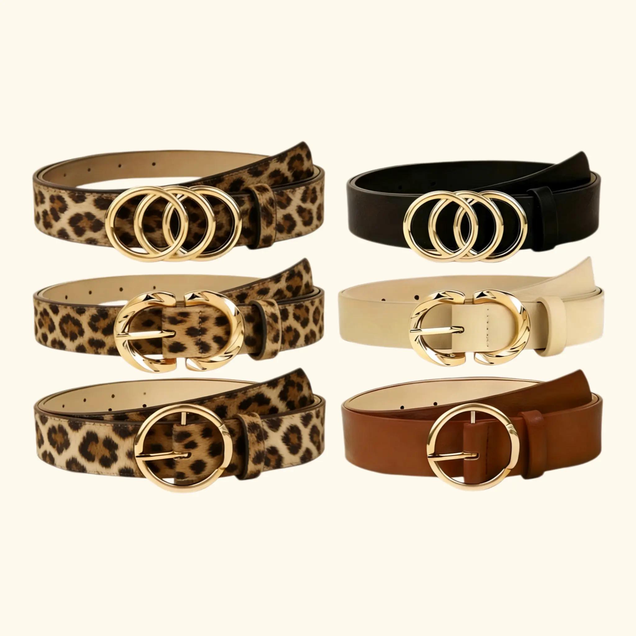 SHIFFRINKEN Women's 6-Pack Heavy-Duty PU Leather Adjust-Fit Buckle Color-Coordinated Waist Belts - Solid Color, Leopard Print, Gold Multi-Buckle Styles (Triple Ring, C-Shaped, Round), Adjustable, Fits Jeans, Dresses, Multi Sizes, Adjust-Fit Women's Belts,
