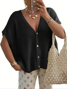 2026 Spring Summer New Women's Loose Fit V Neck Short Sleeve Knit Button Cardigan, Casual Fashion, Comfortable and Stylish, Perfect for Daily Wear, Knitwear