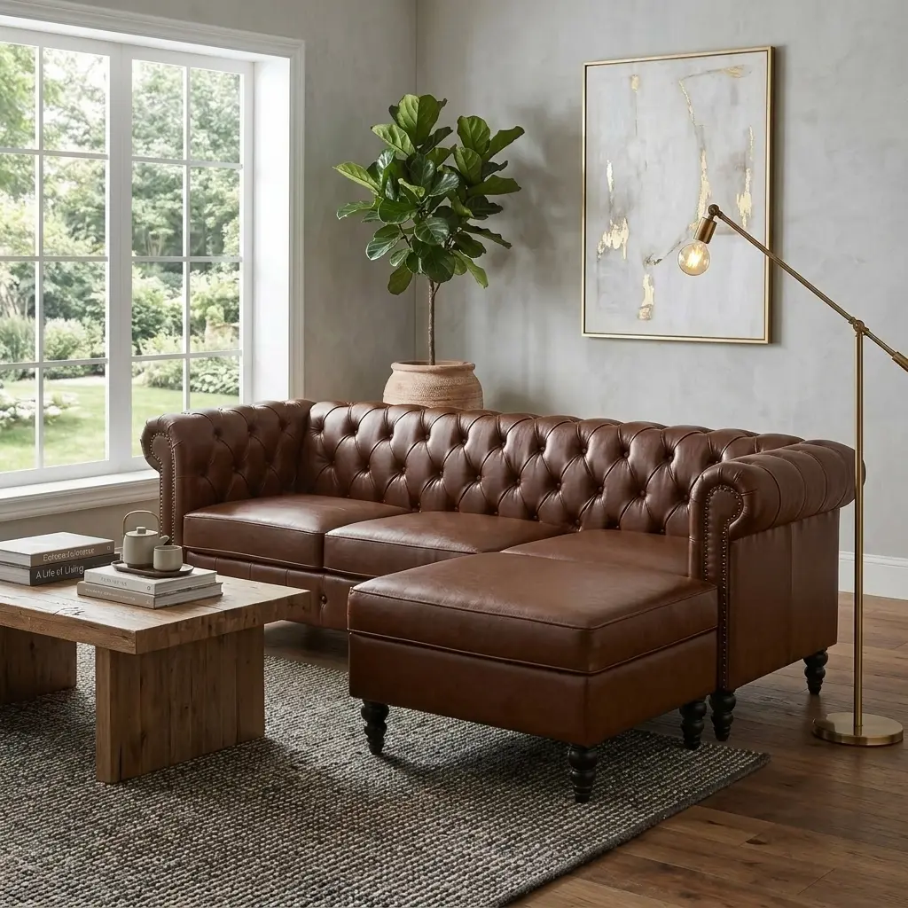 85-Inch L-Shaped Sectional Sofa with Storage Ottoman, Brown PU Leather, Tufted Back, Rivet-Detailed Curved Armrests, Solid Birch Wood Legs, 4-Seater, Living Room Furniture