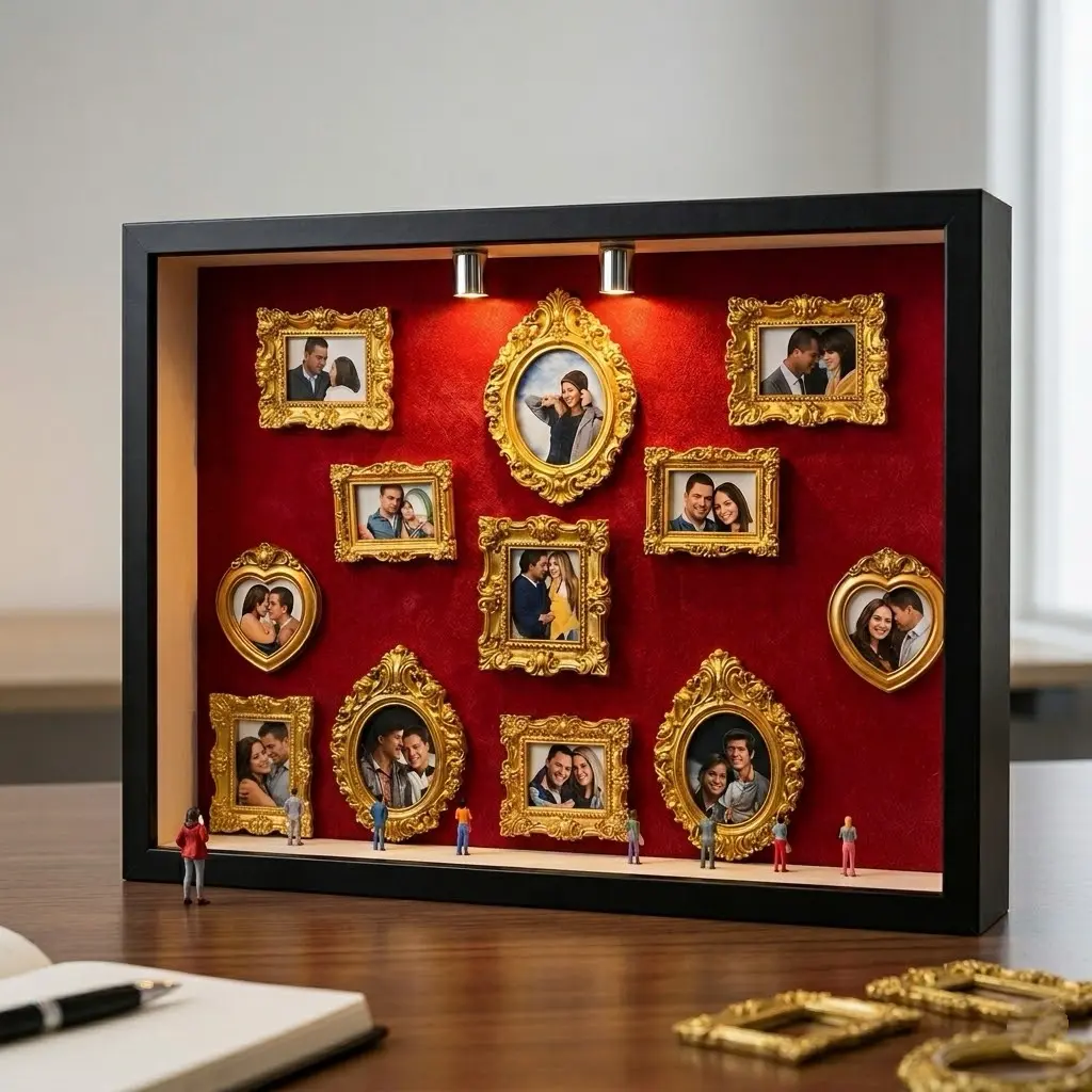 Wood Custom Mini Photo Museum Shadow Box - Sohochic Home DIY Assembly Kit (11+8 Pieces: 11 Mini Frames, 8 Random Figurines), Miniature Wall-Mounted & Tabletop Keepsake Display, Personalized Memory Holder, Christmas Gift, Home Decor
