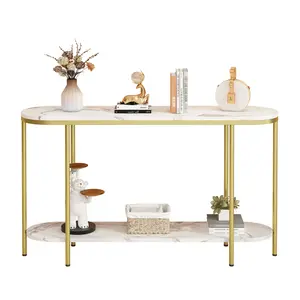 2-Tier Oval Console Table, White Faux Marble Top with Gold Metal Frame, Modern Entryway Table with Open Shelf, 42.1"×11.4"×30.5" Narrow Sofa Table for Hallway, Living Room & Foyer