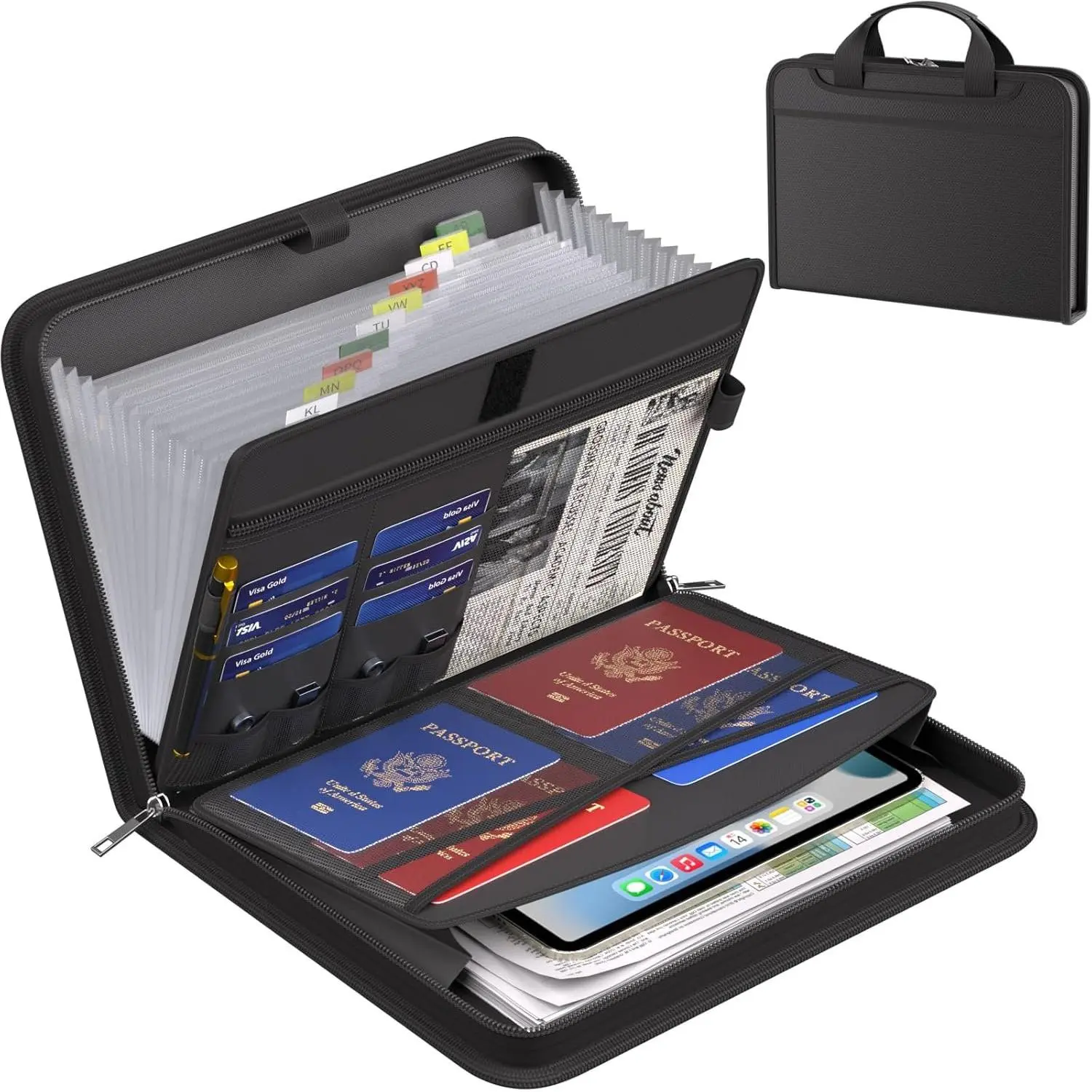 Accordion File Organizer, Fireproof Expanding File Folder with 13 Pockets Document Organizer with Handle & Labels, Portable  Travel Safe Storage for Letter A4 Files and , Black