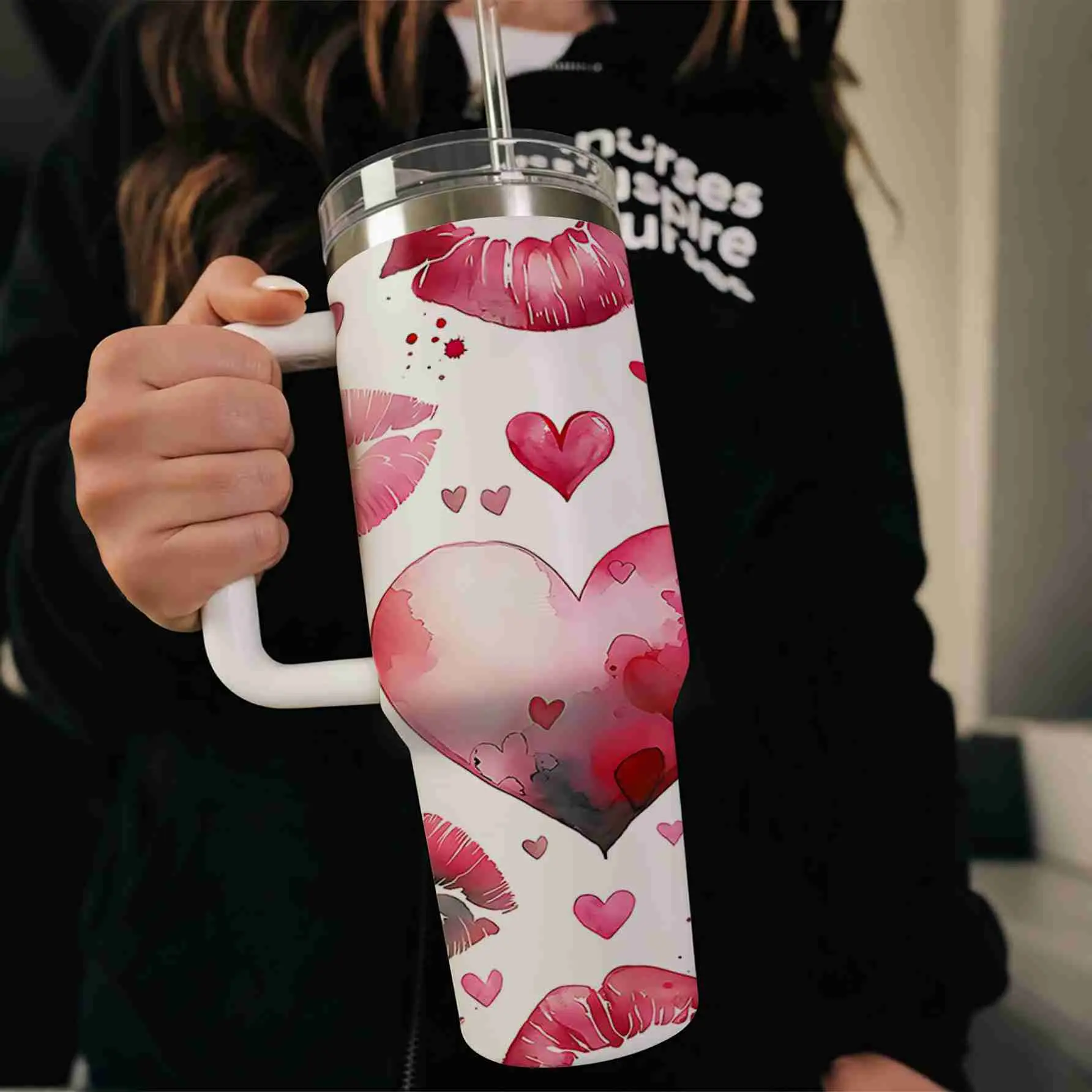 40oz Portable 304 Stainless Steel Insulated Drink Tumbler - Large Capacity Car Water Bottle with Lid and Handle, Red Lips Kisses Style, Suitable for Car, Travel, New Year & Valentine Gifts for Her/His