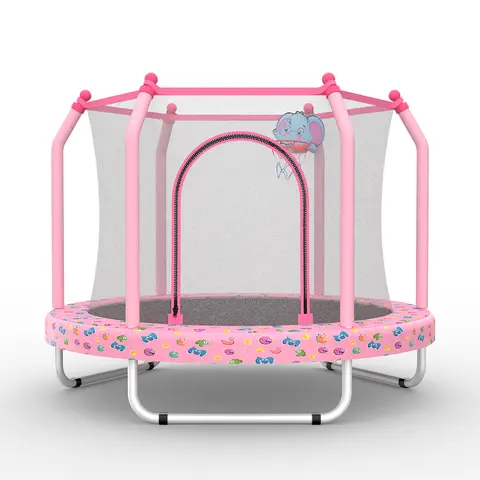 Mersco Sports 55-in Mini Round Toddler Trampoline with Steel Frame, Enclosure, PP Safety Net, Basketball Hoop, Anti-Slip Foot Pads, 30 High-Quality Springs, Indoor Outdoor Trampoline for 12 Months+ Toddler (110 lbs Max), Pink Toy for Halloween Fall Decor