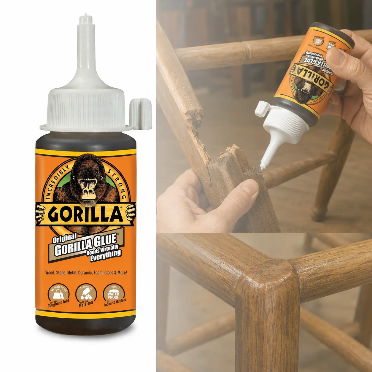 Gorilla Original 4 oz Polyurethane Glue Bottle (50004A) - 100% Waterproof, 3X Expanding, Industrial Strength, Temperature Resistant, Paintable, Stainable, Sandable for Wood, Stone, Metal, Ceramic, Foam, Glass, Concrete, Brick, Plastic, DIY Repair Bonds