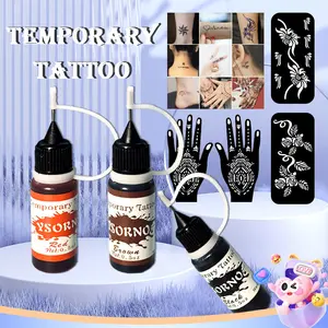 Temporary Tattoo Kit 3 Bottles ColorInks ,Stencils Kit for BodyPaint DlY Fake Tattoos for (black/red/ brown/)Makeup Cosmetic