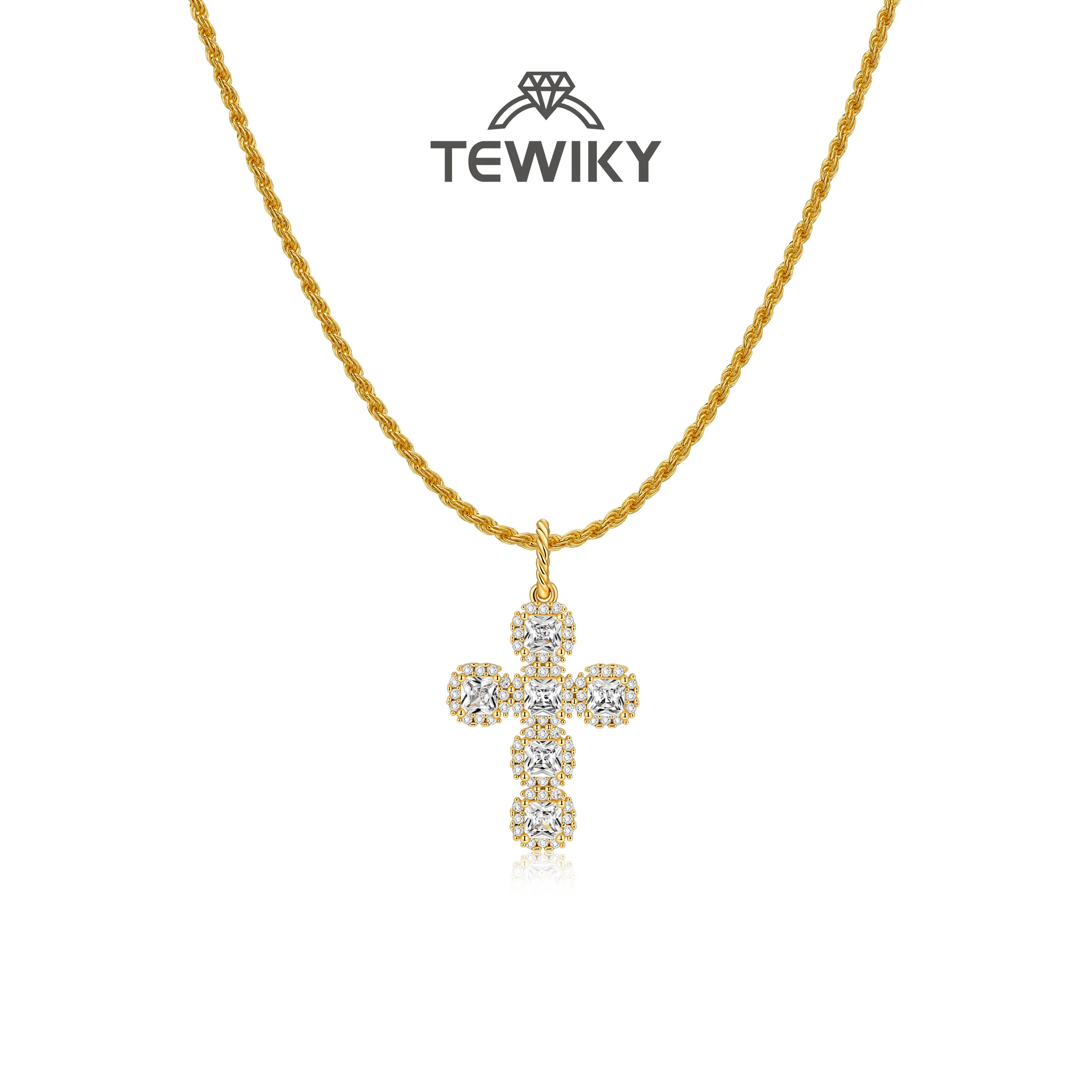 TEWIKY 14K Gold Plated Gold 3mm Twisted Rope Cubic Zirconia Cross Pendant Necklace Women's Fashion Jewelry Necklace Accessory, Jewelry Gift, Daily Wear Choice