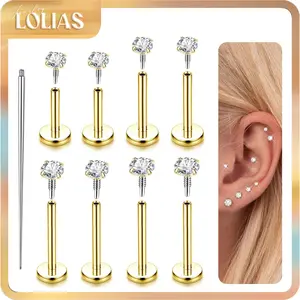 LOLIAS 14K Gold Plated Flat Back Stud Earrings - 316L Surgical Steel Internal Thread CZ Stud Piercing Jewelry for Tragus Helix Cartilage Conch Nose Hypoallergenic Lip Monroe Labret Medusa Piercing 16G 18G