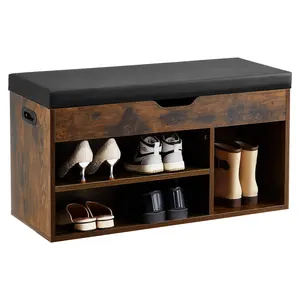 VEVOR Entryway Shoe Bench, 31.7 x 12.0 x 17.5 Inch Shoe Storage Organizer with Lift Top Storage Space, 300lbs Bench with Cushion Seat and 3 Cabinets for Hallway, Living Room, Bedroom, Brown + Black