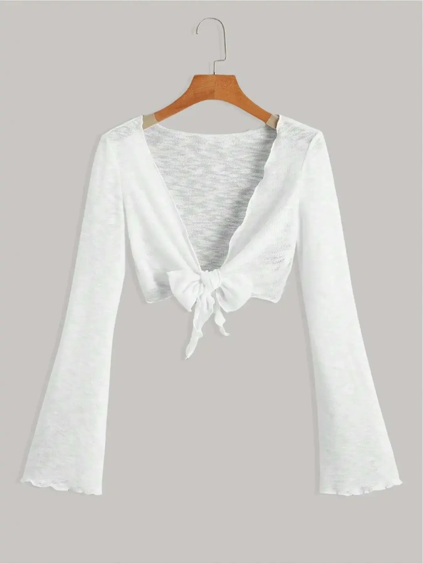 Women's Bow Decor Open Front Crop Cardigan, Casual Long Sleeve Cropped Knitwear for Summer, Fashion Women's Knit Clothing for Daily Wear, Tops, Knitting, Womenswear Commuter Essential Stretchy Halter Neck Bomber Jacket