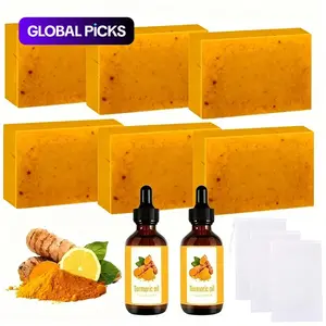 Turmeric Soap & Essential Oil Set, Turmeric Cleansing Soaps, Including 6 Counts Turmeric Soap & 2 Counts Essential Oil & 3 Counts Soap Saver, Daily Skin Care Set for Men & Women #GLOBAL PICKS