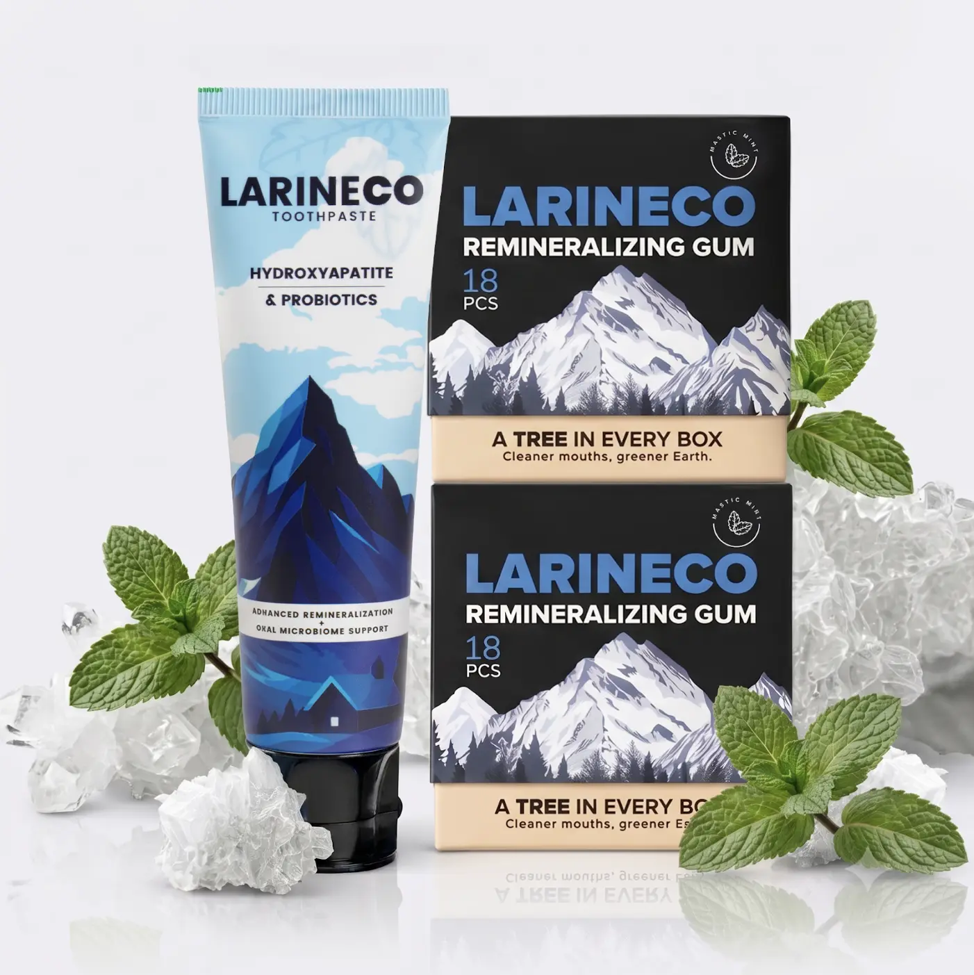 Larineco™ Remineralizing Gum & Toothpaste Set with Hydroxyapatite & Xylitol - Sugar Free - Fluoride Free - Natural Base - 2 Gum & 1 Toothpaste
