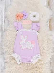 Blossoms Bunny Embroidered Cotton Ruffle Bubble Romper