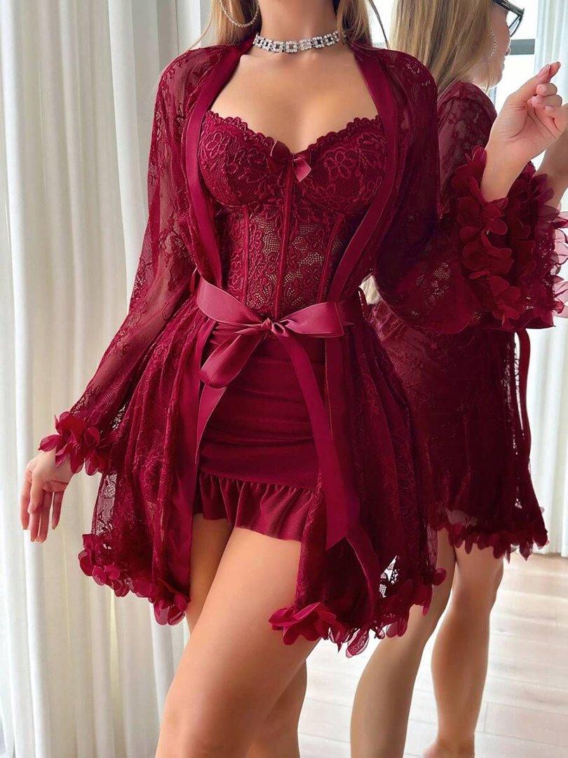 2 pcs Lingerie For Women Womens Lace Bodysuit Sexy Nighty Mesh Sleepwear V Neck Chemise Nightgowns