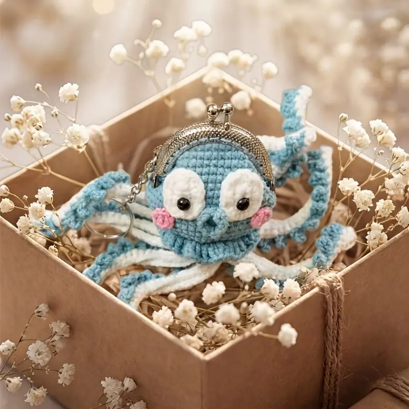 Handmade Crochet Octopus Wallet Keychain, Cute Blue Animal Wallet Pendant, Lightweight Travel Organizer, Unique Friend Gift