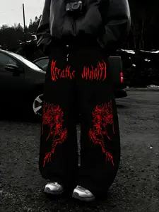 Men's Trendy Edgy Dark Aesthetic Devil Sweatpants, Main Color with Gothic Art Details, Loose Wide Leg, Street Style Bottoms, Unique Look