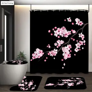 1/3/4PCS Artistic Cherry Blossom Branch on Black Shower Curtain Set with Rugs, Non Slip Bath Mat, U-Shape Carpet, Toilet Lid Cover, Polyester Fabric Bathtub Curtain Accessories, 12 Hooks, Home Bathroom Festival Decor, Bathroom Decoration Accessories
