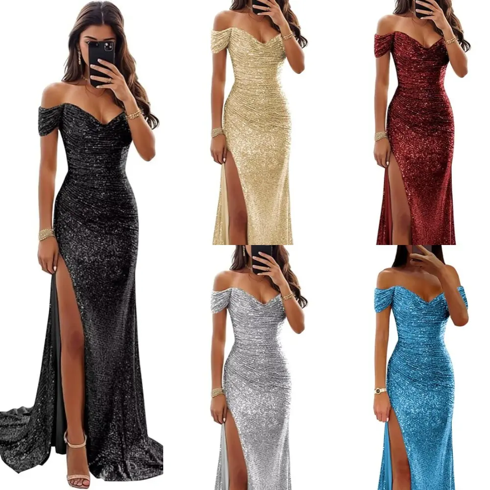 Lady Women's Off-the-Shoulder Strapless Short-Sleeve Formal Wear Floor-Length Sequin Evening Gown with Large Slit - Vintage, Elegant, Fashionable, Shortsleeve, Elegant Dresses, Fancy Evening Dresses