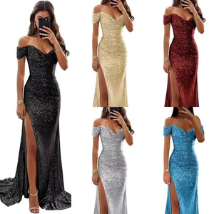 Off-the-shoulder strapless dress with a large slit, sexy, fashionable, vintage, elegant sequin evening gown