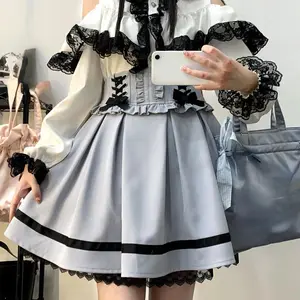 Japanese Kawaii Mini Cake Skirts Womens JK Jupe Fairy Bandage Lolita Sexy High Waist Lace Y2k Aesthetic Sweet Lace Gothic Faldas
