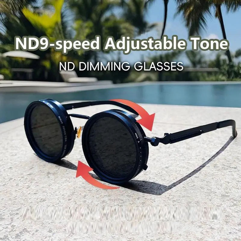 Unisex Vintage Trendy Round Resin Sunglasses with Adjustable 9-Speed Tint, Polarized Lenses with UV400 Protection for Outdoor Wear, Tinted Lenses Polarized, Vintage Trendy Sunglasses, Plastic, Men's Sunglasses Polarized