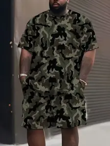Men's Plus Size 3D Camo Fashion T-Shirt Set, Casual Round Neck, 95% Polyester 5% Spandex, Loose Fit, Short Sleeve, Camouflage Print