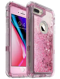 MXX Glitter 3D Case Compatible with iPhone 8 Plus, Bling Sparkle Flowing Liquid Transparent 3 in 1 Shockproof TPU Silicone Core/PC Frame Case for iPhone 7 Plus/ 8 Plus/ 6S Plus - (Clear/Pink)