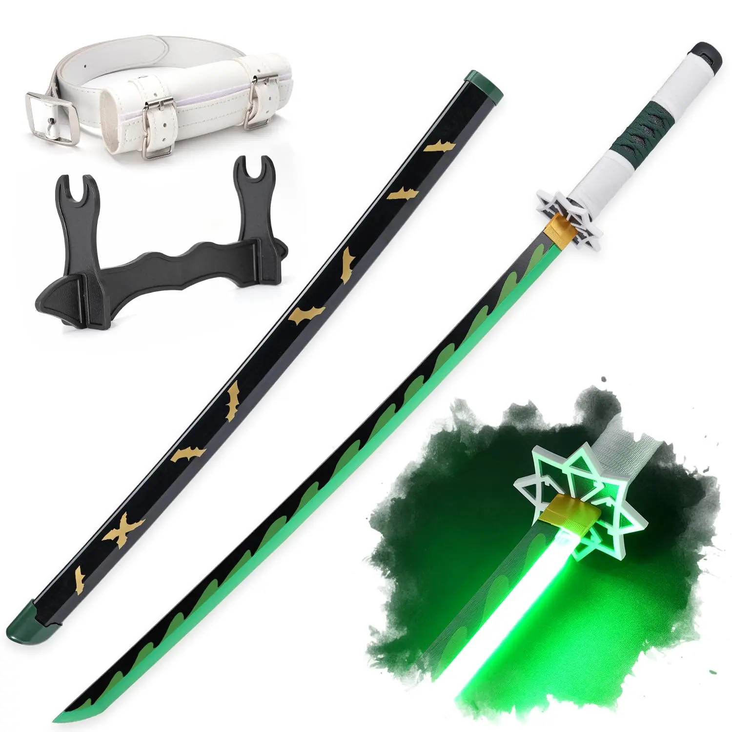 ELERVINO 41-in LED Fantasy Katana Sword - Demon Slayer Shinazugawa Sanemi Anime Cosplay Plastic Dull Blade with Scabbard, Belt, Holder Stand, LED Lighting, 1.1 lb, Adults & Ages 12+, Collectible Halloween Prop (Birthday Gift)