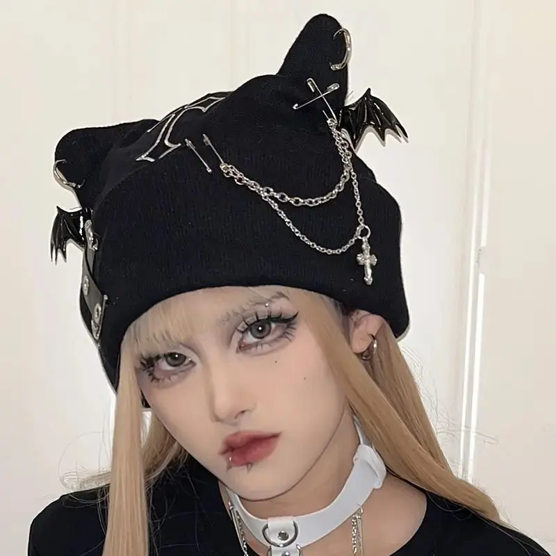 Gothic Cat Ear Knit Beanie With Punk Chains And Bat Charms, Black Streetwear Winter Cap For Y2K Grunge Style And Daily Wear