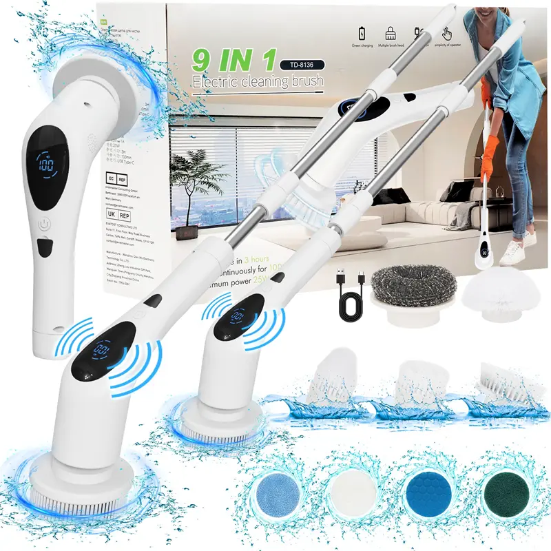 Electric spin scrubber, electric spin cordless tub and tile scrubber, LED display shower cleaning brush with voice announcement 3 speeds 9 interchangeable cleaning heads Bathroom scrubber with adjustable and detachable long handle