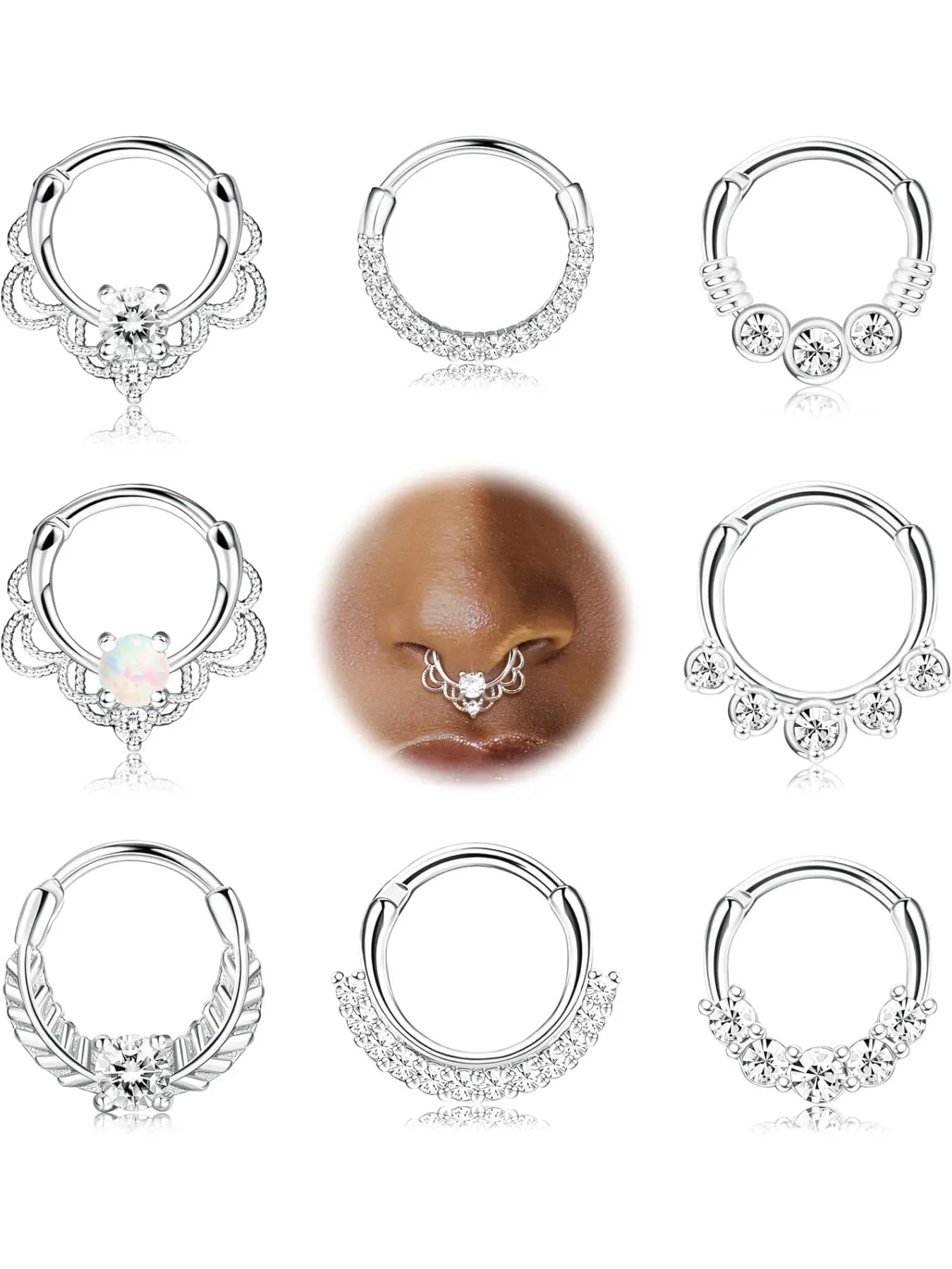 8pcs 16g Septum Clicker Ring, Septum Pierced Ring, Stainless Steel Cz Opal Cartilage Helix Tragus Hoop, Daith Earrings Nose Rings, 10mm Body Jewelry Piercing Jewelry Set