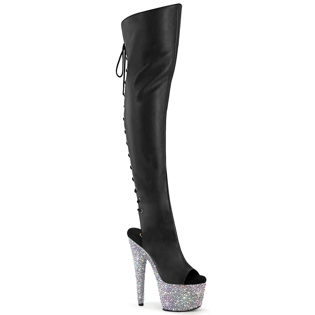 Women's Black Faux Leather Elegant Over-the-Knee Boots - 7-in Heel, Rhinestone Embellished Platform, Open Toe, Lace-Up Back, Zip Closure, Rhinestone Sole, Statement Shoes, Footwear, High Heel, Platform Heels