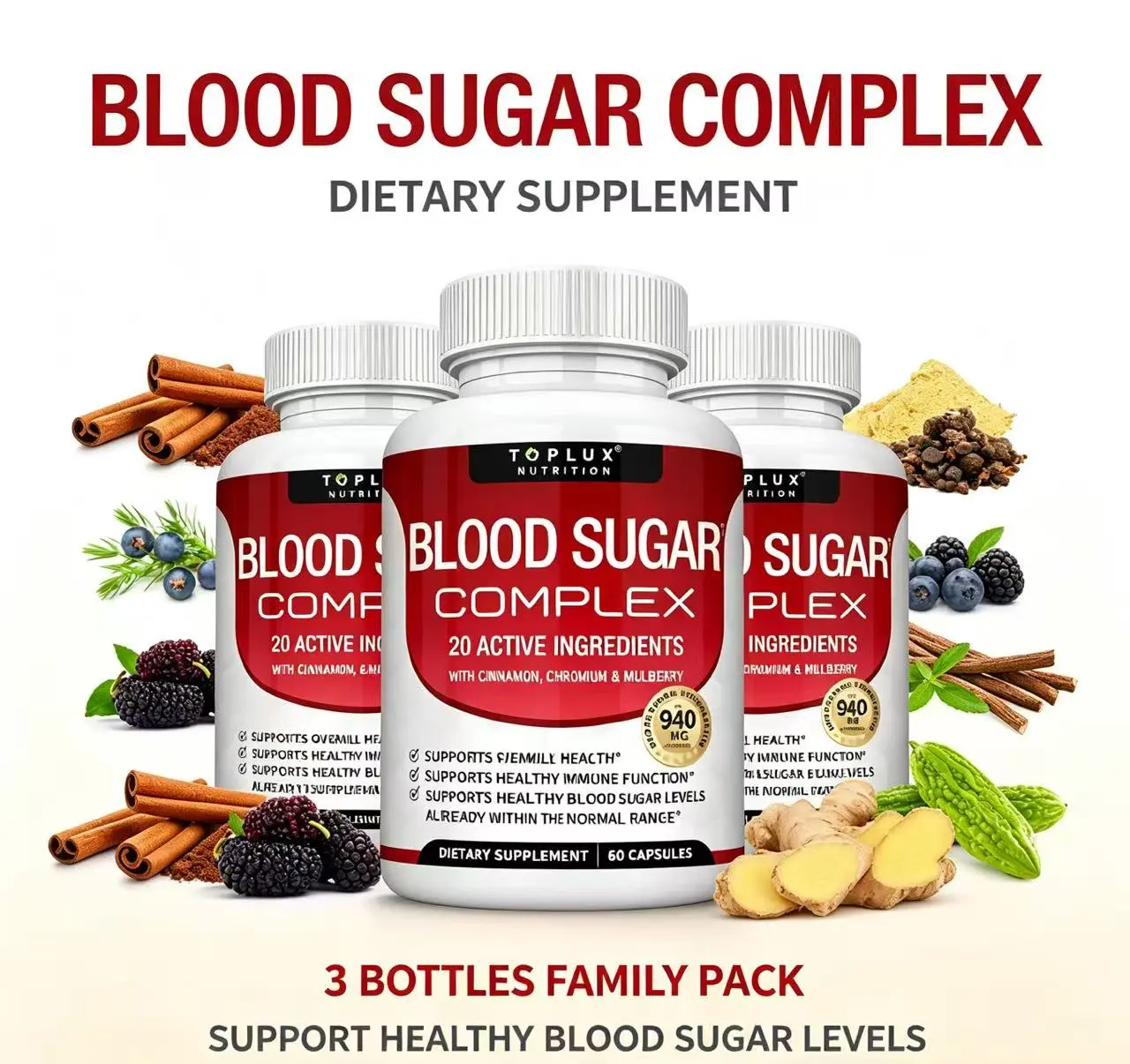 3-piece Blood Sugar Complex 20 Vitamins & Minerals Support Overall Health