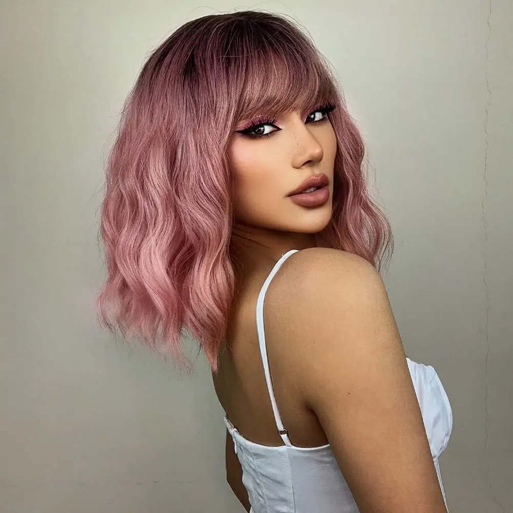 Women's wig 16-inch short curly gradient synthetic wig, wig with black and pink water wave pattern, very suitable for daily wear and parties natural appearance/ Curly Pink Wig