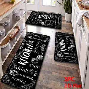 2/3 Piece Flannel Kitchen Mat Set, Chalkboard Design, Non-Slip, Absorbent, Ideal for Kitchen, Dining Room, Hallway, Home Decor Rugs