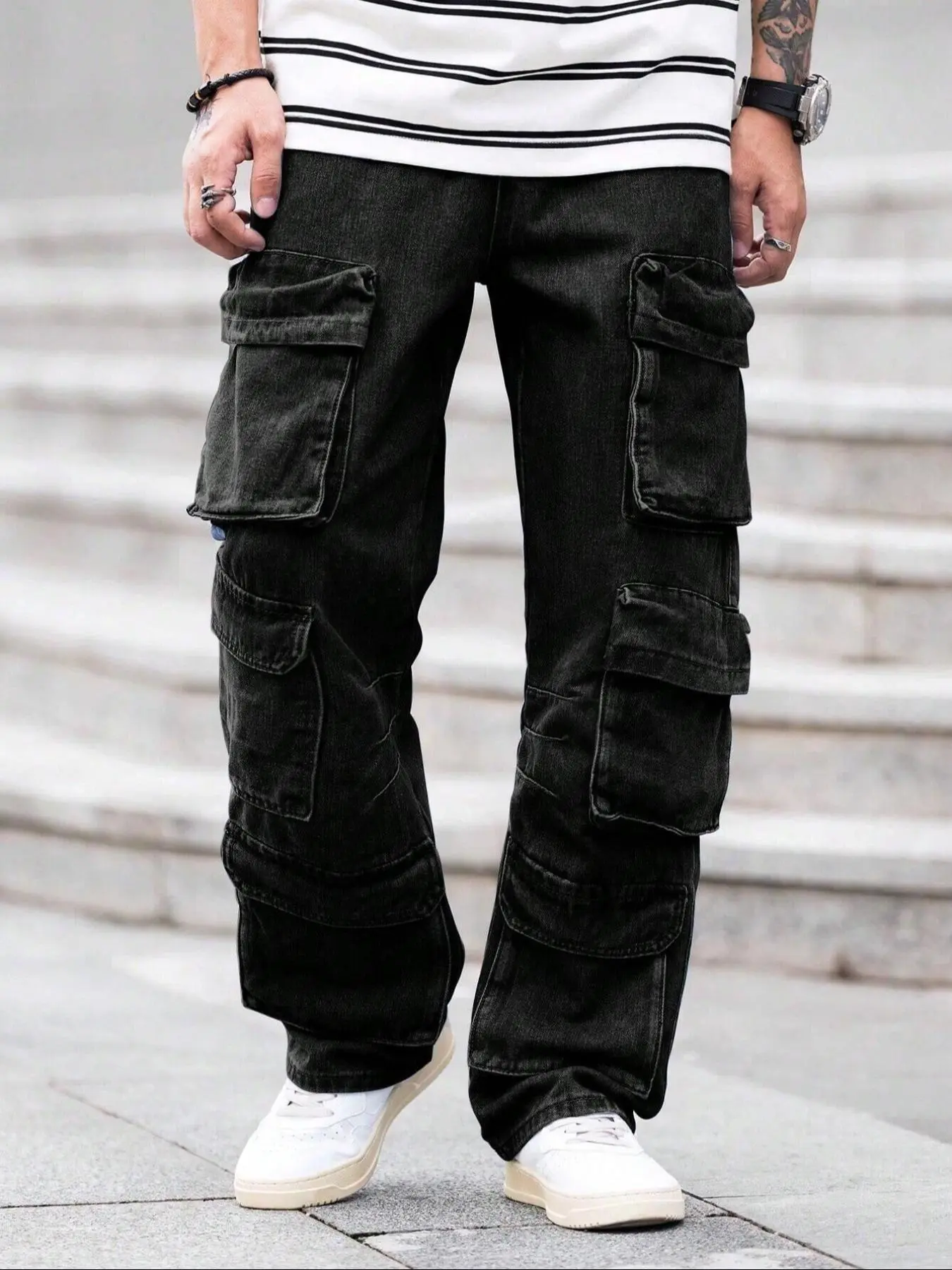 Men's Solid Color Washed Wide Leg Cargo Jeans, Loose Fit Street Style Fashion Casual Comfy Multi-pocket Design Denim Pants for Daily Wear, Men's Trousers for All Seasons, Loose Denim Pockets, Cotton