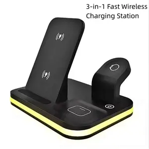 15W Trio 3-in-1 Fast Wireless Charging Station, Multi-Device Charger Stand, Simultaneous Charging Dock with LED Night Light, Vertical/Horizontal Charging for Phones, Earbuds & Watches, Home Office Use