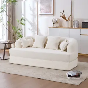 2-in-1 Foldable Sofa Bed,70 Inch Folding Boneless Couch Convertible Compressed Sleeper Sofabed, 4 Pillows for Living Room Apartment, Milk White