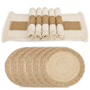 6Pcs Woven Boho Table Placemats, Mixed Cotton Burlap & Water Straw Handmade Mats, Farmhouse Macrame Style Decor for Indoor Dining Table & Kitchen