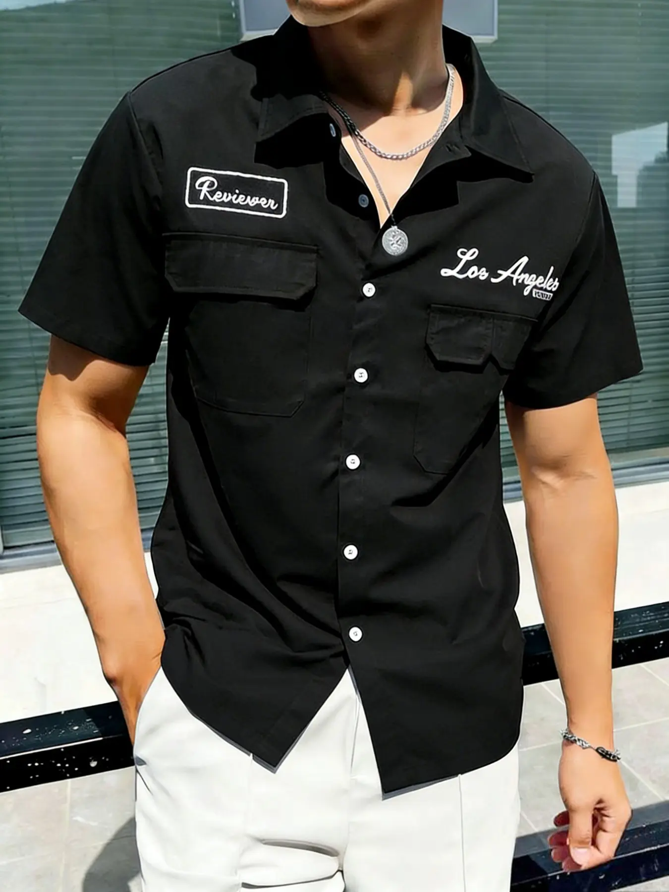 Men's Vintage Los Angeles Workwear Short Sleeve Shirt, Loose Shirts, Casual Button Down, High Street Style Casual Top, Daily Commute Lazy Chic, Casual Fashion, Menswear