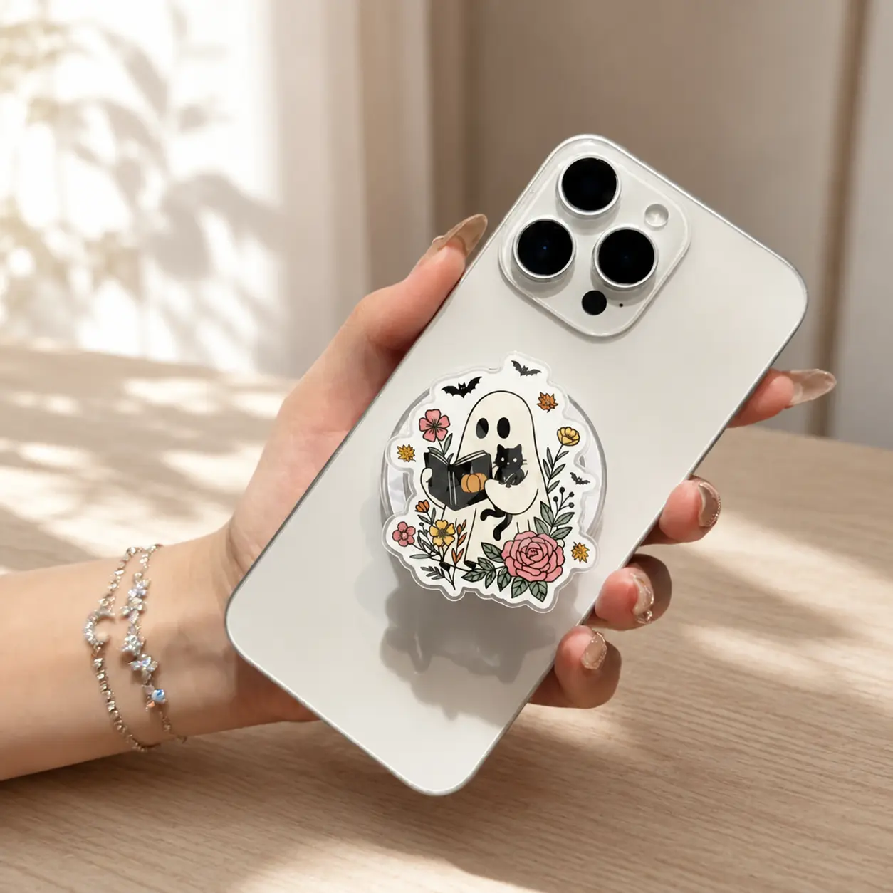 Spooky Cozy Ghost MagSafe Phone Grip Cute Floral Cat Reading Book Magnetic Kindle Holder Fall Cottagecore Aesthetic Gift