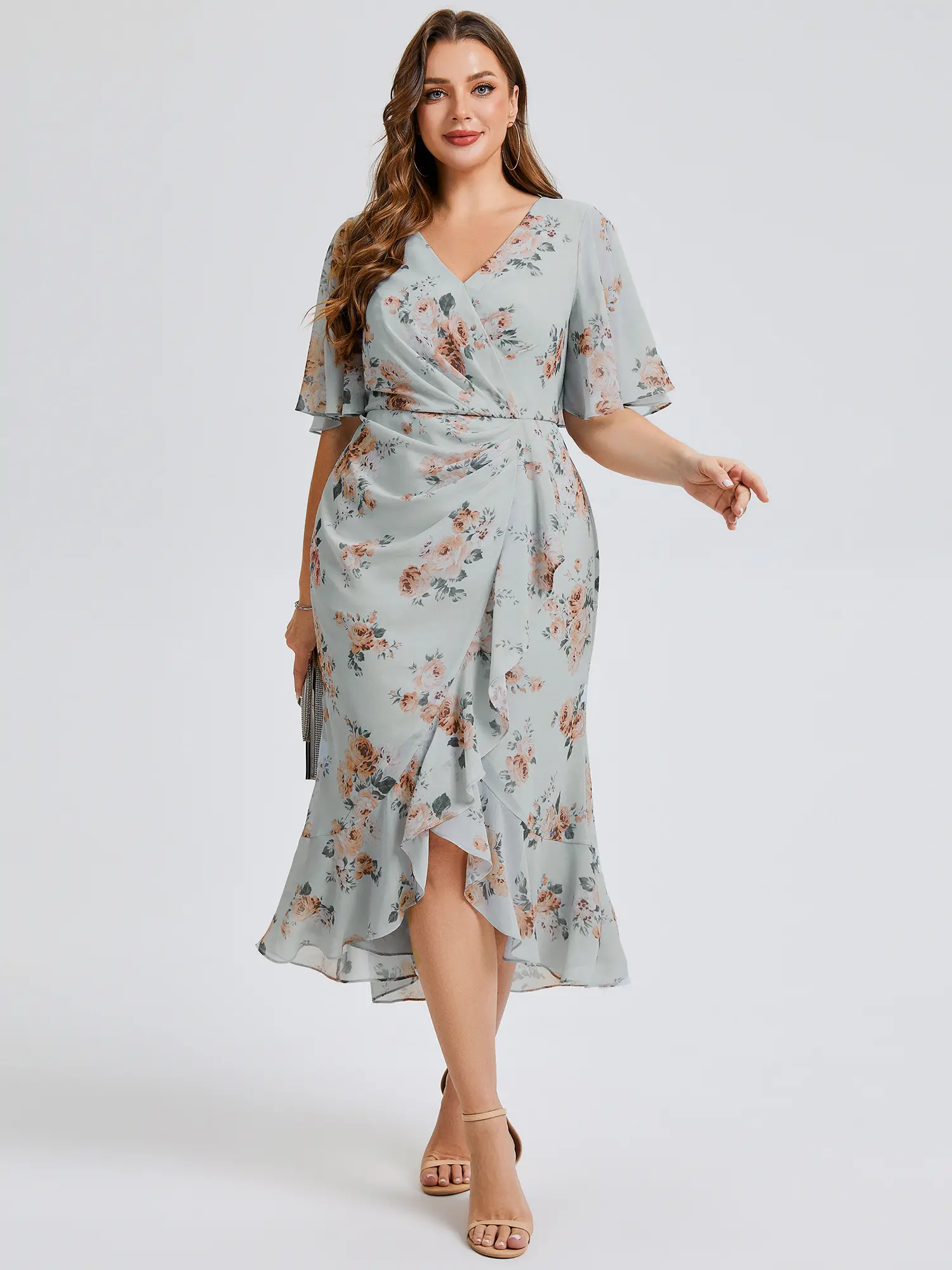 EVER PRETTY Plus Size Chic Floral Print Chiffon Mermaid Wrap Dress - High-Low with Ruffle Sleeves for Wedding Guest, Baby Shower, Outdoor Events