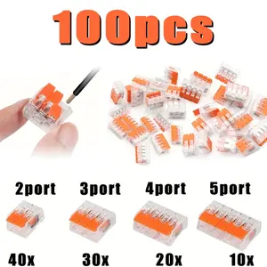 100pcs Mini Quick Lever Wire Cable Connector Kits, Quick Snap Connector, Universal Compact Push-In Terminal Blocks for 2/3/4/5 Pin Splicing Connectors