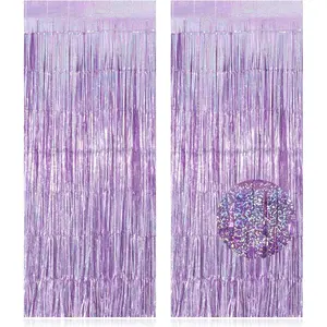 2 Pack Fringe Curtains Backdrops, Foil Fringe Curtains, Door Streamers for Birthday Wedding Bridal Shower Holiday Graduation Party Decorations, Photo Booth Backdrops, Glitter Light Purple