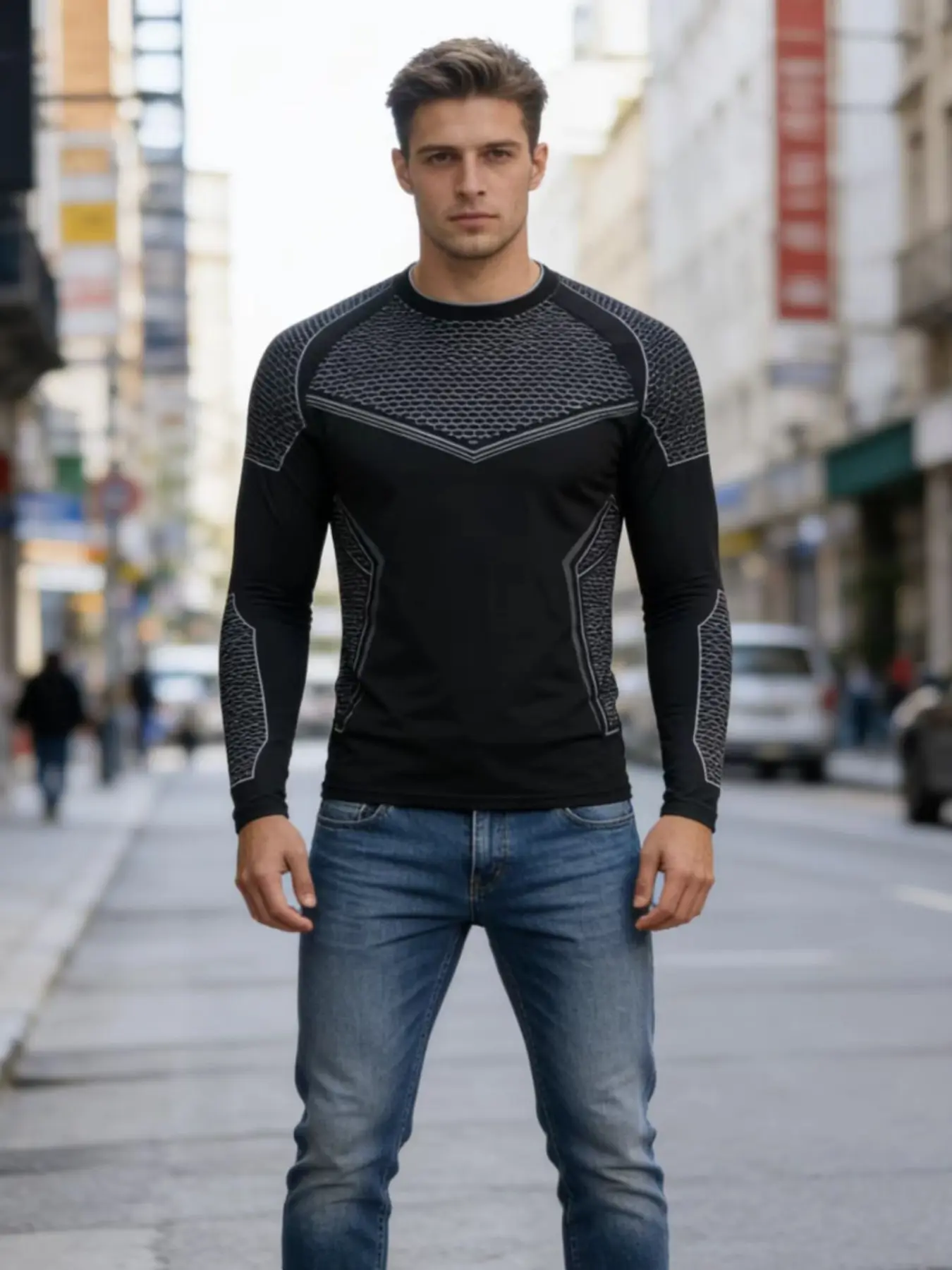 Men's Street Style Streetwear Honeycomb Print Tight-Fitting Long Sleeve Top, Casual Fashion Bottom Layer Shirt, Trendy Men's Clothing
