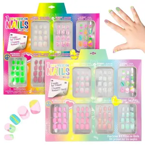 7 Day Manicure Collection - 84PC Press On Nail Set, Day-of-The-Week Adhesive False Nails for Girls (Set of Brights or Pastels) – Colorful Novelty Designs Stick On Nails for Kids