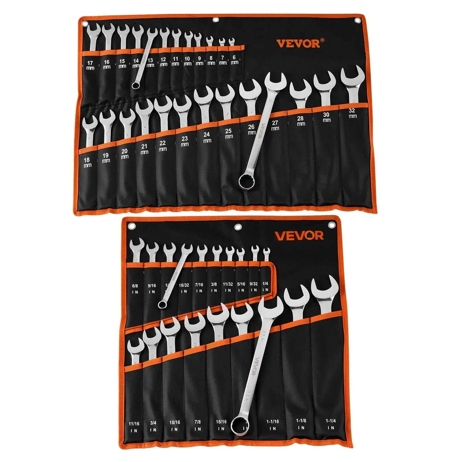 [DealsForYouDays]VEVOR Fixed-Head Combination Wrench Set, 44/42/32/30/26/25/24/16 - Piece SAE and Metric, 12-Point Box End and 15° Angled Open End Combination Wrenches with Roll Up Pouch, Carbon Steel, for General Household and Automotive