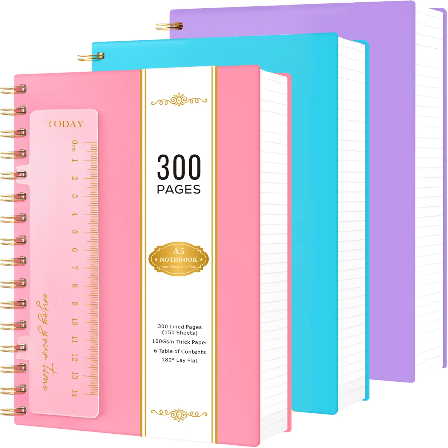 Spiral Notebook Journal, 3 Pack A5 Notepad With 300 Pages Lined Paper, Hardcover Notebooks College Ruled With 100GSM Thick Paper, PVC Waterproof Cover